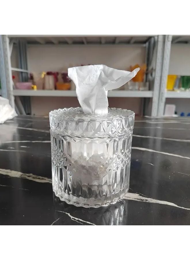 Crystal Glass Tissue Box Holder Diamond Pattern Round Storage 1pc Luxury Centerpiece - Image 4